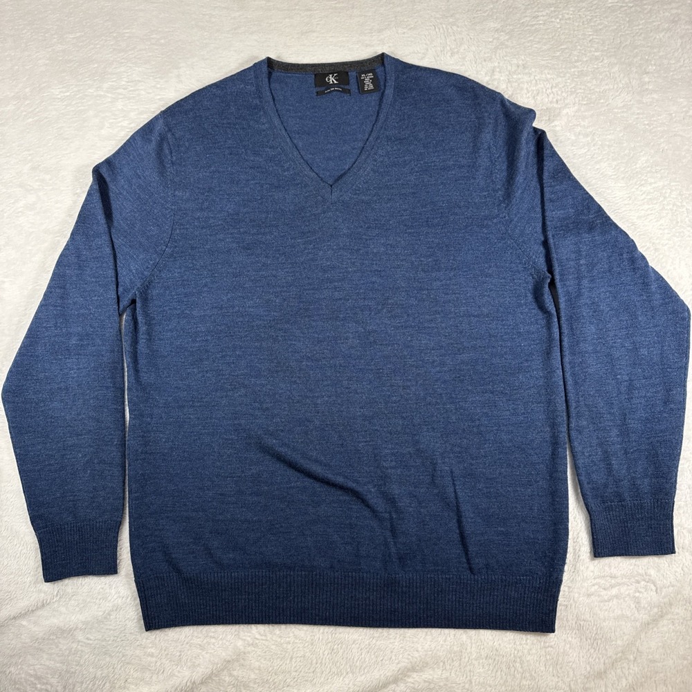 Calvin Klein 100% Extra Fine Merino Wool‎ V Neck Sweater Blue Men's XL